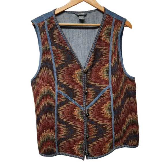 Vintage southwestern Denim Trimmed Multicolor Vest - Picture 1 of 8